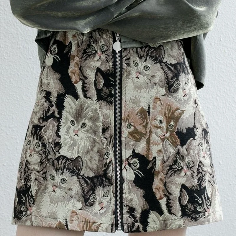 Minifaldas con estampado de gato para Mujer, faldas de estilo Vintage, bordadas, de cintura alta, con cremallera