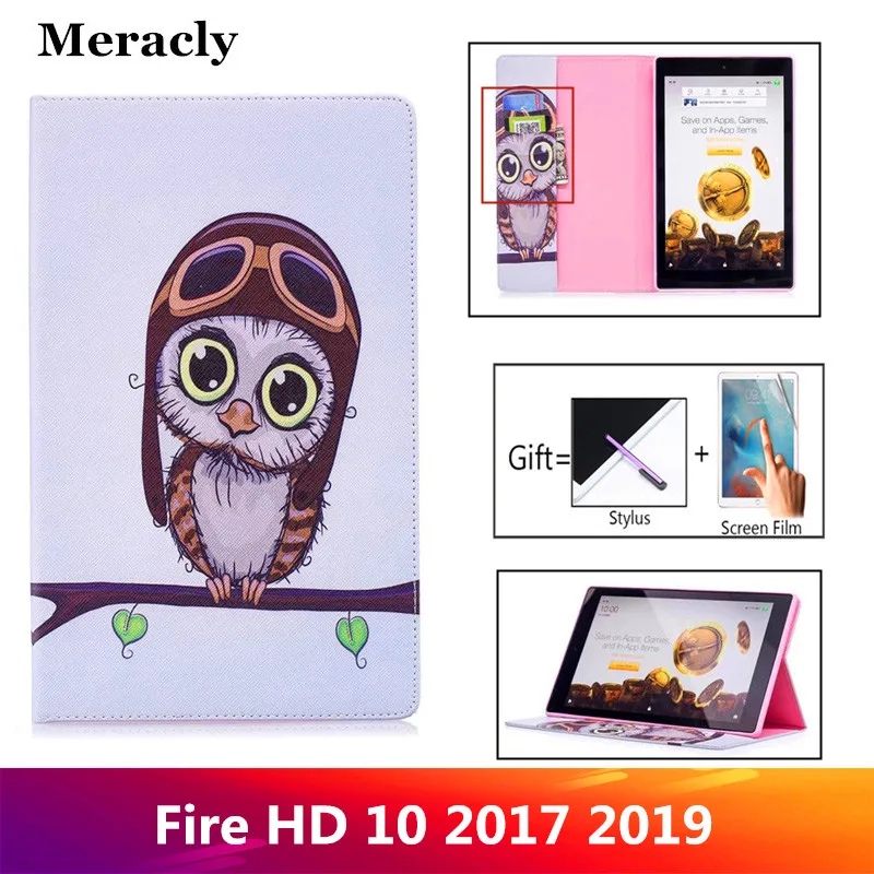 Meracly Kindle Case For Amazon Fire HD 10 2019 2017 Cover Wake Sleep Flip Leather Stand Funda Screen Protector+Stylus | Компьютеры и