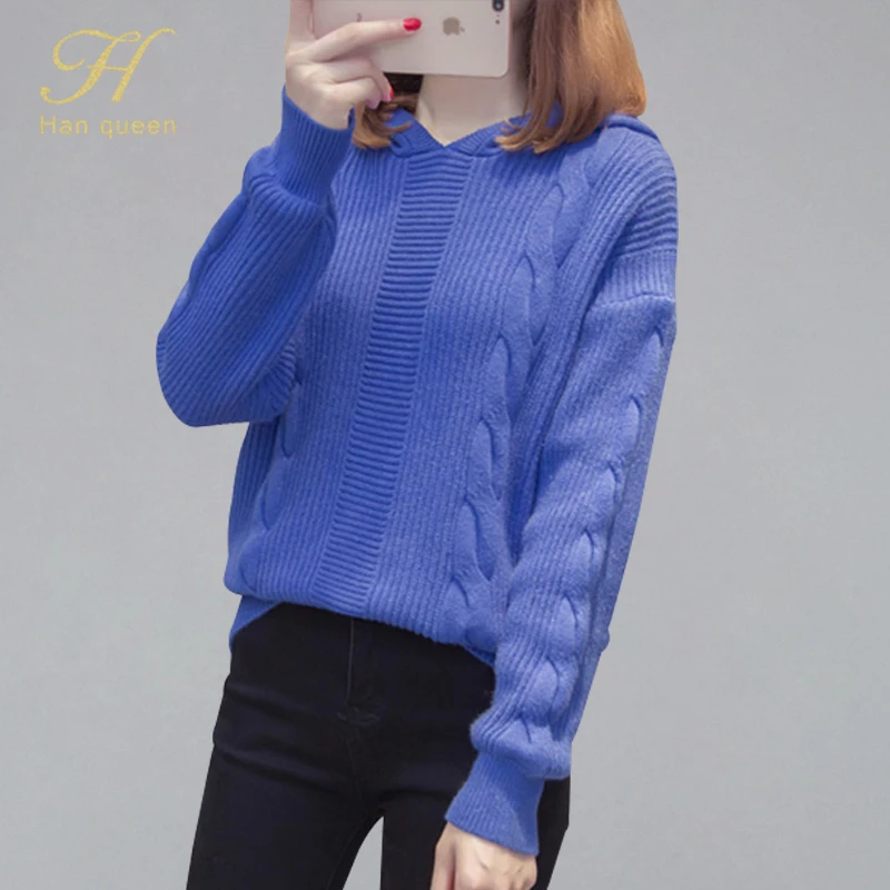 

H han queen Casual Elastic Knitted Loose Hood Sweaters Female Korean Chic Long Sleeve Pullovers Loose Autumn 2019 Women Sweater
