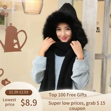 Взрослый Модный женский зимний теплый пушистый шарф с капюшоном из искусственного меха, шапка-снуд с карманами, шапки, перчатки# A