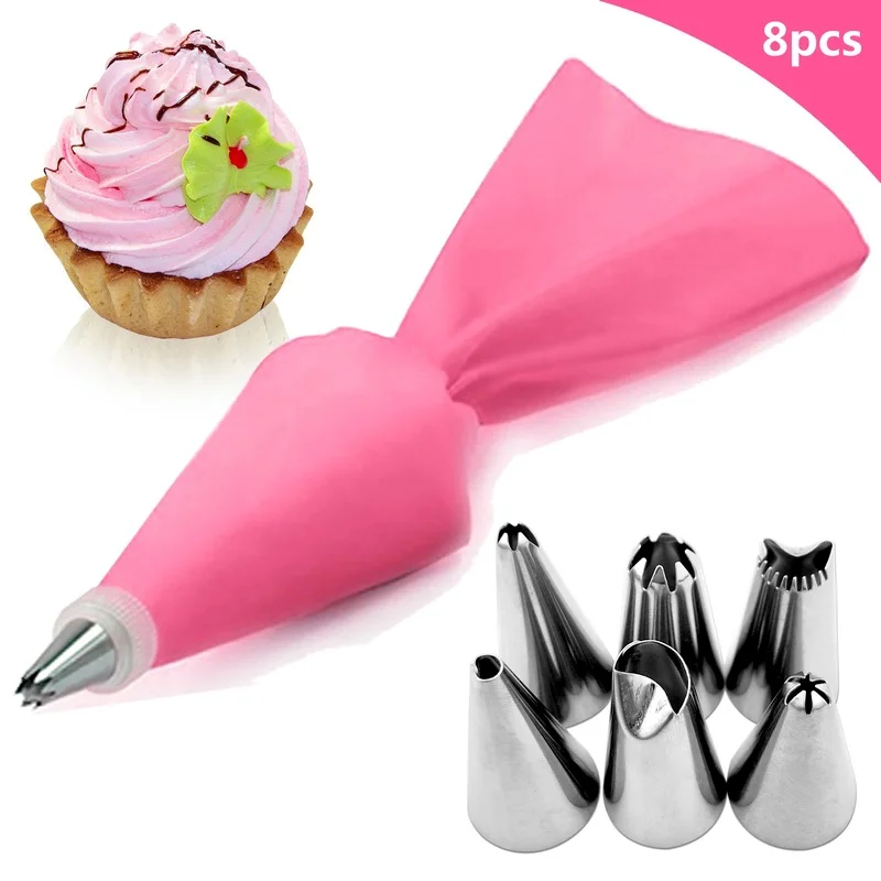 

8PCS/bag Silicone Icing Piping Cream Pastry Bag + 6 Stainless Steel Cake Nozzle DIY Cake Decorating Tips Fondant Pastry Tools
