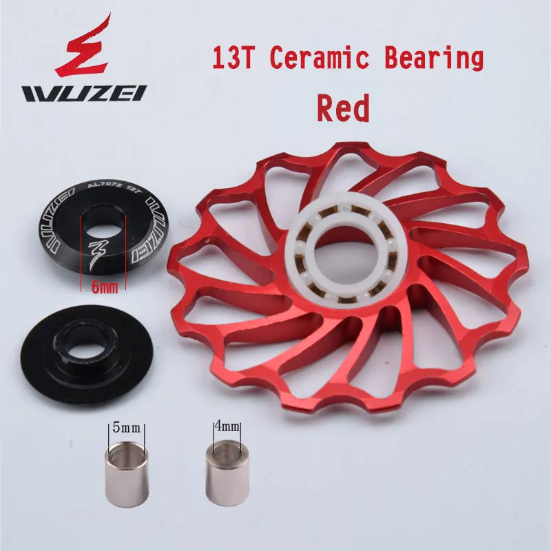 13T Red 2 шт. WUZEI задний натяжной шкив ролик 11 T/12 T/13 T керамический подшипник MTB/дорожный велосипед Алюминиевый сплав направляющий ролик - Цвет: 13T Red