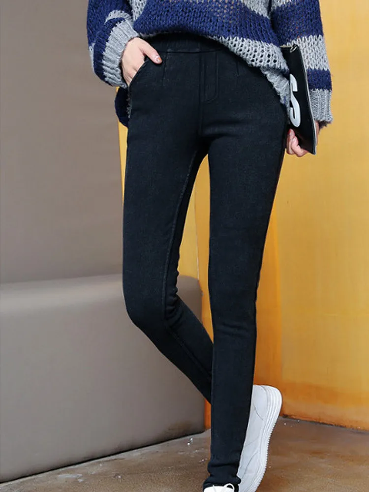 Black(Fleece Thick) Женские джинсы больших размеров, зимние супер удобные Стрейчевые джинсы с флисовой подкладкой, очень теплые, 5XL 6XL ouc595 - Цвет: Black(Fleece Thick)