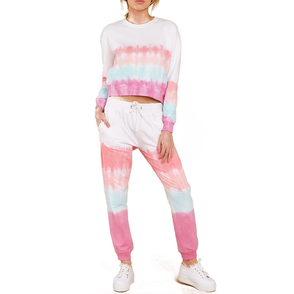 

Fashion Women Tie Dye Panelled Two Pieces Sports Suit Autumn Long Sleeve Print T Shirt Elastic High Waist Pants Fitness Sets
