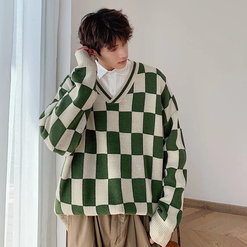 Autumn Plaid Sweater Men Warm Fashion Contrast Casual V-neck Knit Sweter Clothes Man Streetwear Wild Long Sleeve Pullover Men