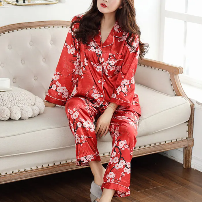 Женский пижамный комплект из 2 предметов, с цветочным принтом, на пуговицах, с длинным рукавом, одежда для сна, повседневный топ и штаны, JS26
