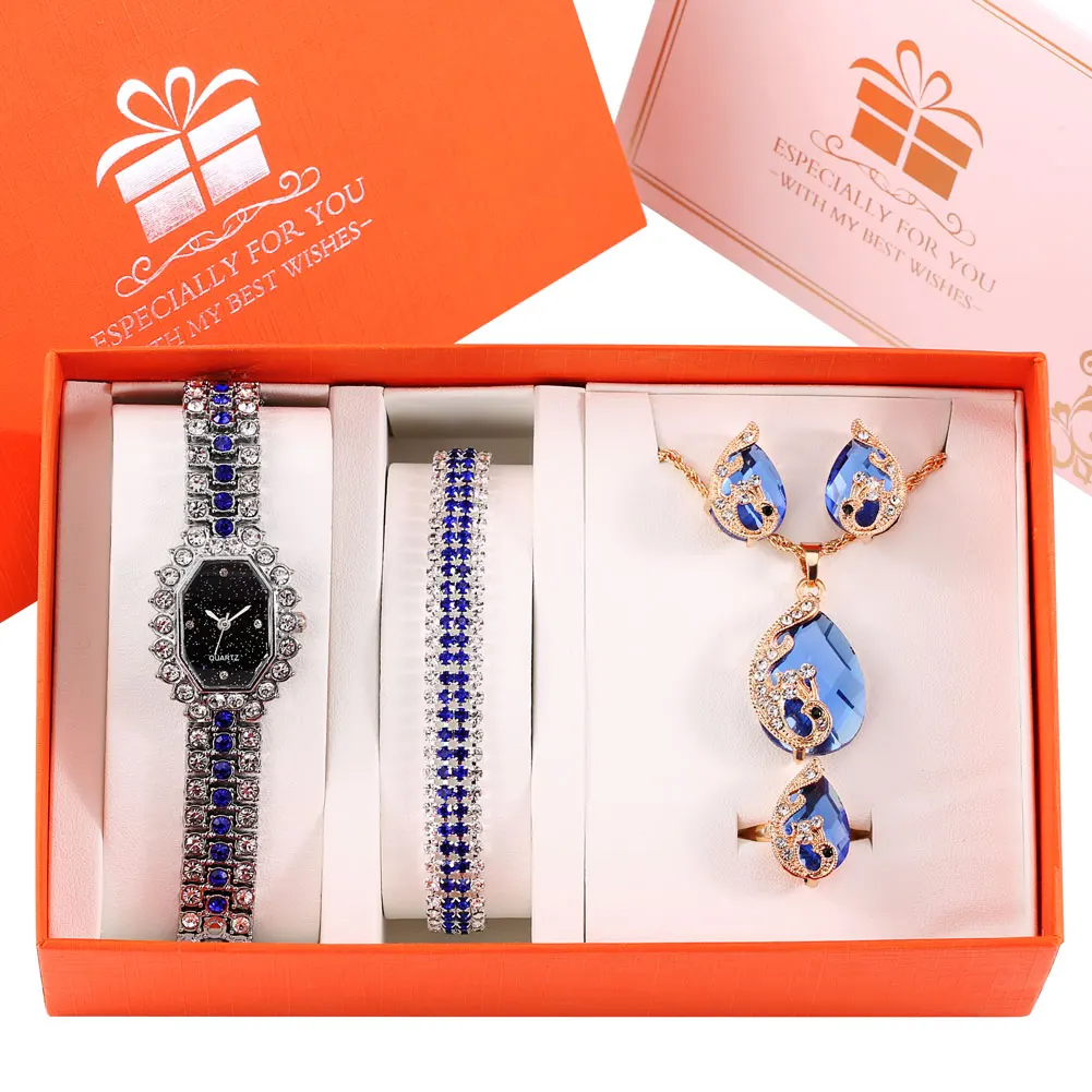 Exquisite Ladies Watch Gift Set Quartz Blue Watch Ladies Bracelet Necklace Earrings Ring Kit Beautiful Christmas Wedding Gifts
