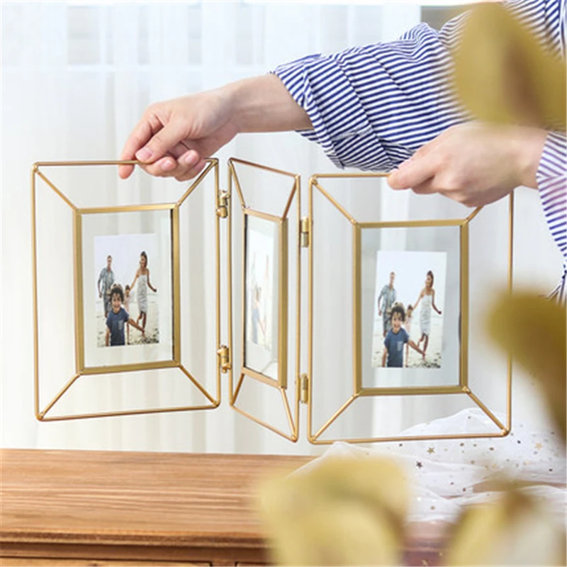 

Nordic Geometric Metal Glass Photo Frames Creative Desktop Foldable Rotatable Golden Iron Decorative Picture Ornaments 6/8Inches