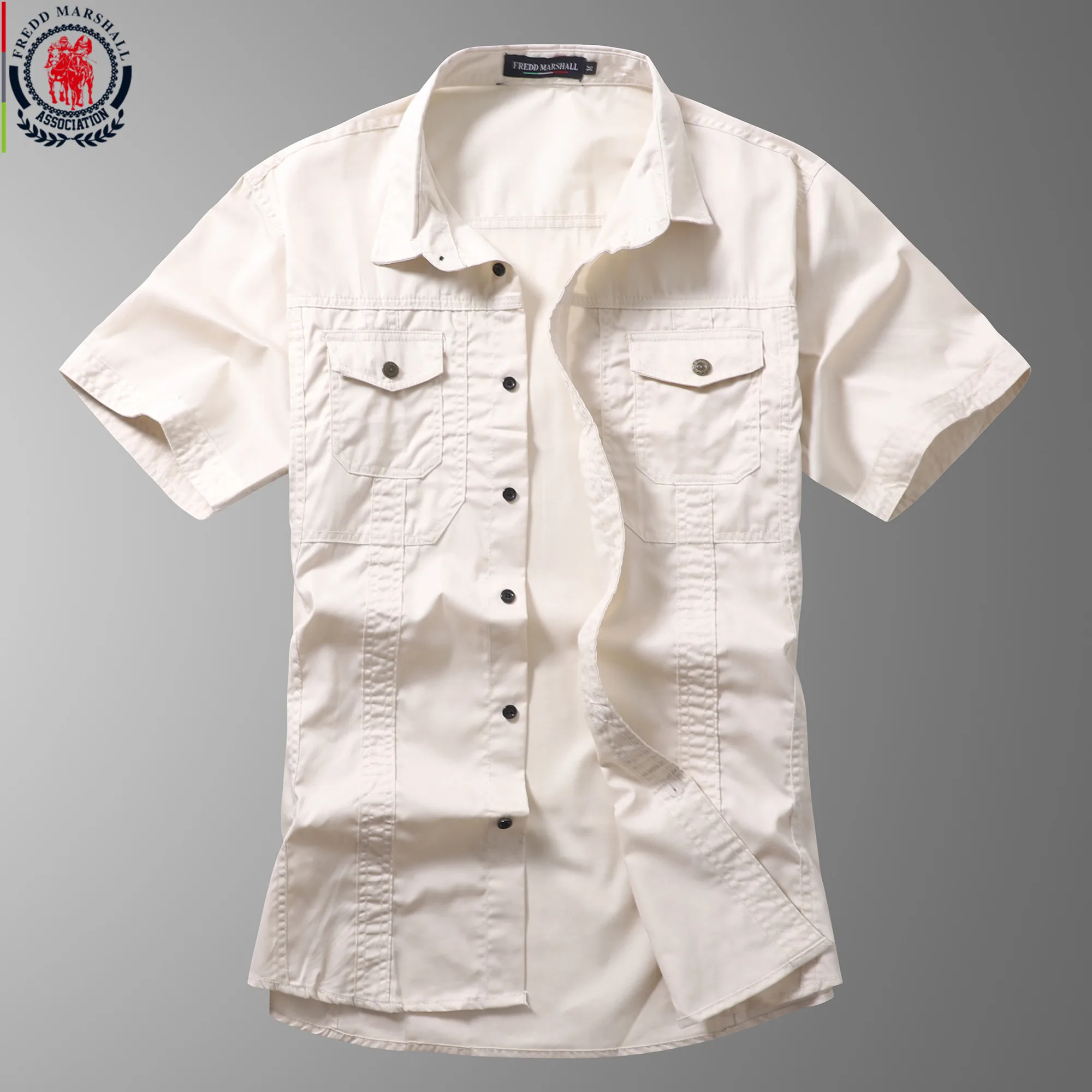 FREDD MARSHALL Summer Fashion Solid Color Denim Shirt Men Short Sleeve Business Casual Cargo Work Shirts Tops 56008