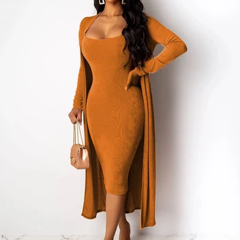 

2019 Two Piece Sets Women Spaghetti Strap Deep V Midi Dress With Full Sleeve Open Stitch Coat Outfits Plus Size Club Sexy Romper
