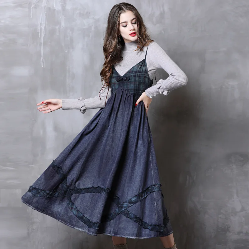 

MEVGOHOT Woman Sexy Vintage Denim Embroidery Spaghetti Strap Pleated High Waist Bow Patchwork Retro Dress Plue Size HJ003