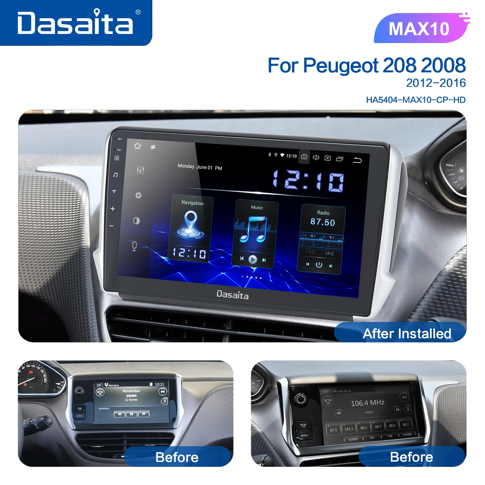 Dasaita Android 10 Car Multimedia Carplay for Peugeot 2008 208 Radio 2012 2013 2014 2015 2016 TDA7850 1280*720 GPS Navigation