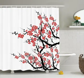 

Asian Shower Curtain Plum Tree Blossoms Japanese Spring Traditional Festival Seasonal Celebration Print Bathroom Decor Set with