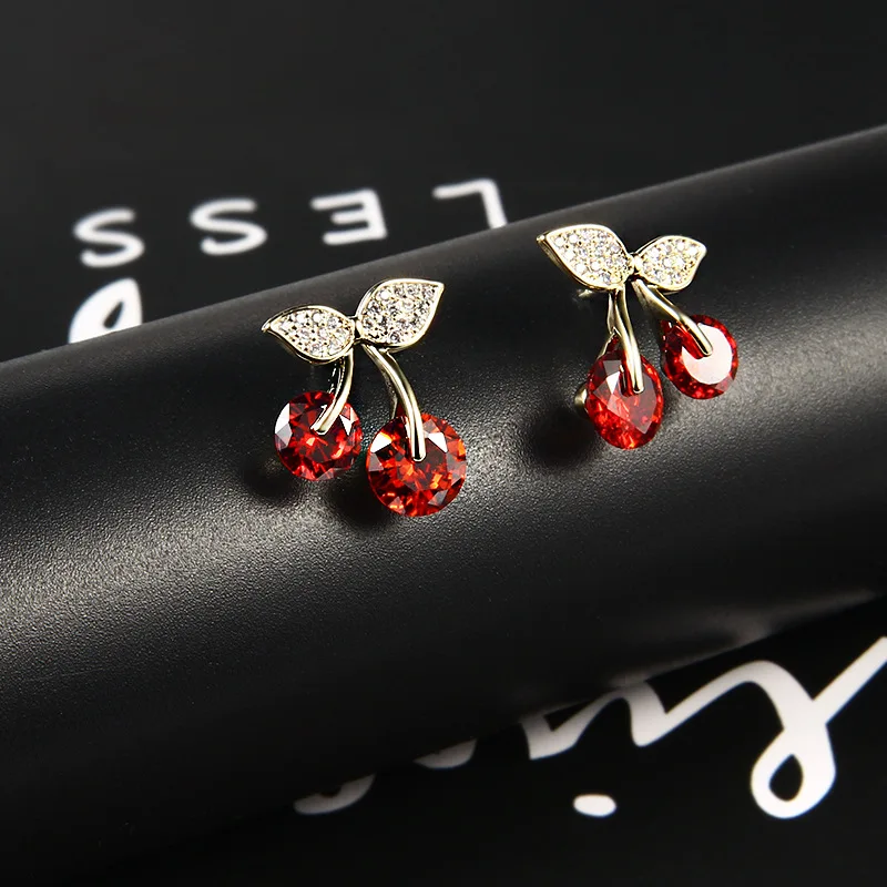 Стиль 925 пробы серебряные серьги Корейский сладкий цветок красные серьги-гвоздики в форме вишни Женская мода Hapoallergenic ювелирные изделия
