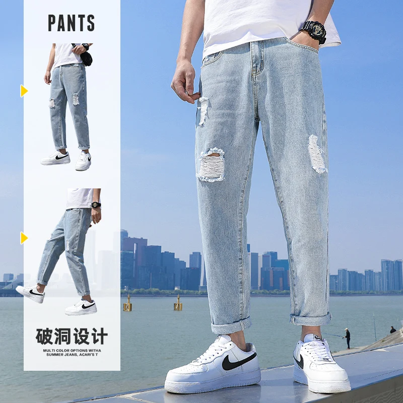 Fashion men's jeans brand broken hole pants thin torn men's solid cotton straight tube loose vintage washed jeans streetwear Fashion men's jeans brand broken hole pants thin torn men's solid cotton straight tube loose vintage washed jeans streetwear