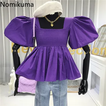 

Nomikuma Korean Square Collar Lantern Short Sleeve Blouse Tops High Waist Ruffle Women Doll Shirt 2020 Summer Sweet Blusa 6A438