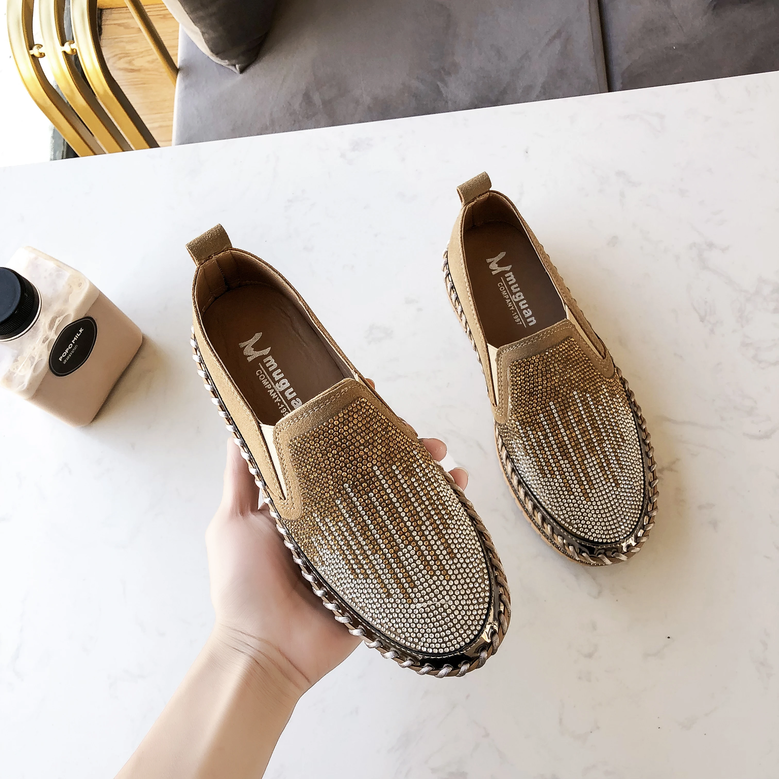 

women flats 2020 new style round toe rhinestone Sleeve platform mixed colors bling sequin zapatillas mujer casual shoes