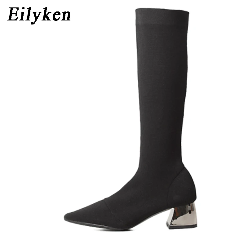 Black EilyKen/ г. Зимние сапоги до колена на высоком каблуке сапоги из трикотажной эластичной ткани на низком каблуке с металлическими вставками черные ботинки челси с острым носком, туфли-лодочки - Цвет: Black
