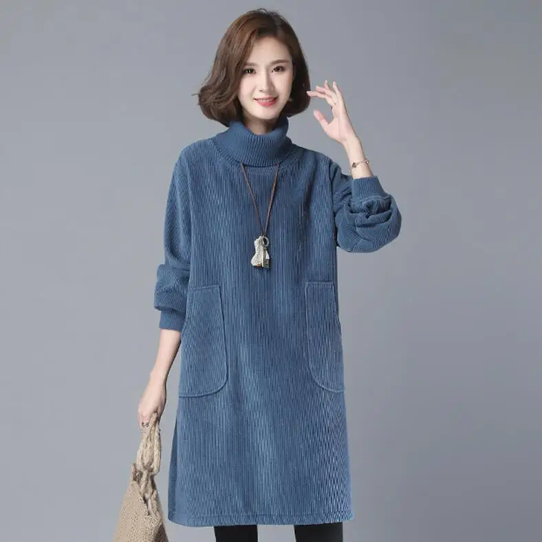 Осень-зима, женское вельветовое платье, Повседневное платье с длинным рукавом и карманами, винтажное женское платье с высоким воротом - Цвет: 1