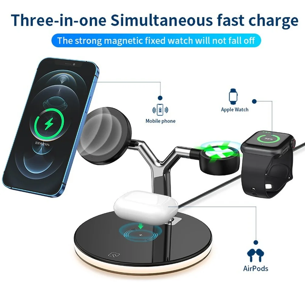 

3 in 1 Magnetic Wireless Charger 15W Fast Charging Station for iPhone15 14 13 12 11 XSMAX XR 8 for Apple Watch 6 5 4 Airpods pro