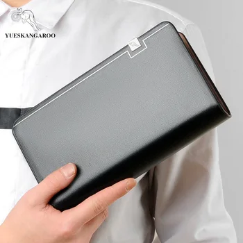 

YUESKANGAROO Men Clutch Bag Long Purse Double Zipper Business Wristlet Wallet Leather Male Large capacity Casual Handy Bags