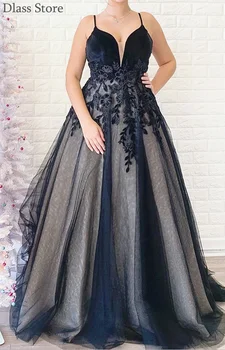 

Black Prom Dress A-line Sweep Train Spaghetti Straps V-neck Appliques Sexy Backless Tulle Evening Dress