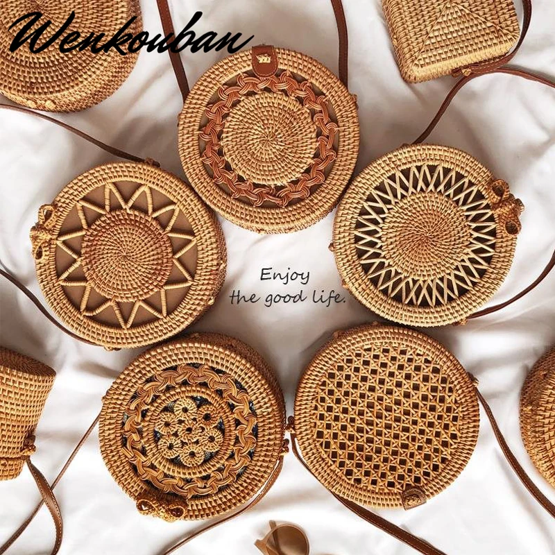 

Rattan Bag Round Beach Bag Straw Crossbody Leather Bag Vintage Wicker Bag Ladies Hand Bags Small Female Sling Bag Bolso Mujer