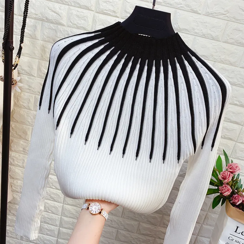 

Turtle-Neck Cape Vertical Striped Sweater Female Winter New Slim-Fit Stretch Contrast Colored Sweater Women Sweaters Basic Top
