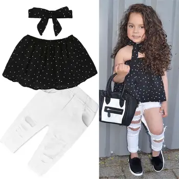 

Toddler Kids Baby Girls Clothes Sets Polka Dot Print Off Shoulder Shirt Tops+Denim Pants Outfits Set 3PCS