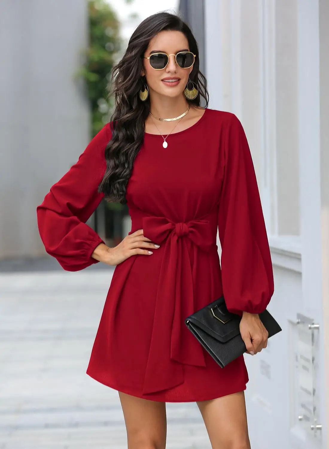 

Ladies' Waist Band Knee Long Sleeve Dress Lantern Sleeve Round Neck Dress Loose Casual Dress Elegant Tight Long Women's Dress