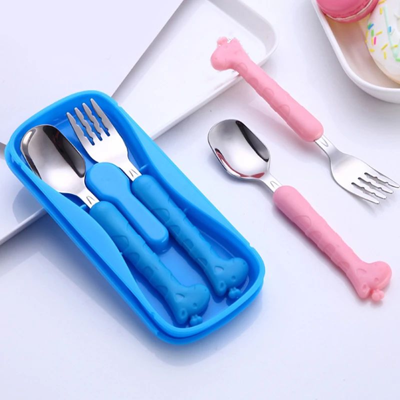 

2pc/set Baby Dishes Stainless Steel Baby Spoon Fork Portable Box Set Cartoon Baby Feeding Food Training Tableware Children Spoon