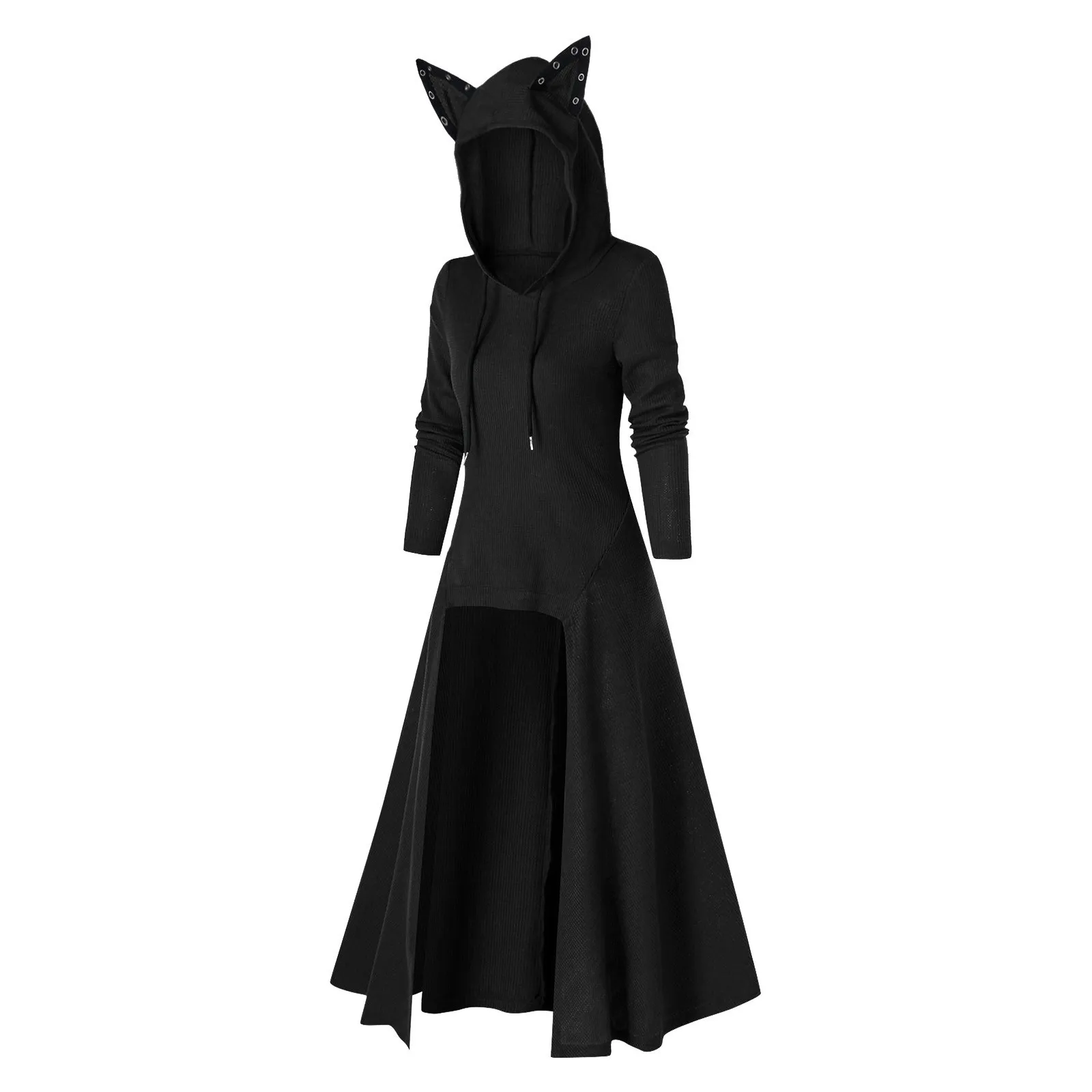 Vestido largo de talla grande con capucha para mujer, Oreja de Gato de chándal Vintage, informal, cálido, de manga larga, con capucha, para invierno