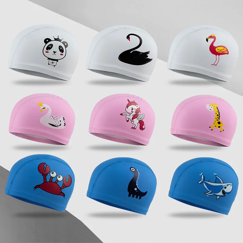 Swimming Cap Children Elastic Fabric Cute Cartoon Long Hair Kids Protect Ears Swim Pool Hat Boys Girls Swim
