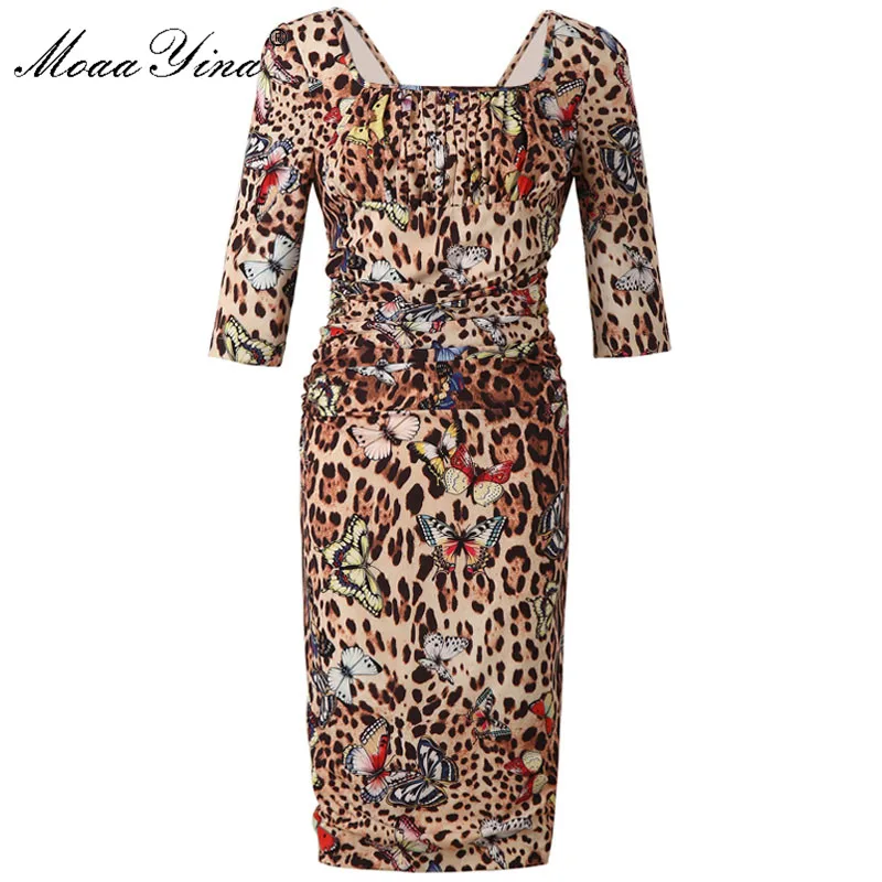 

MoaaYina Fashion Designer Runway dress Spring Summer Women Dress Butterfly Leopard Print Ruched Sexy Package buttocks Dresses