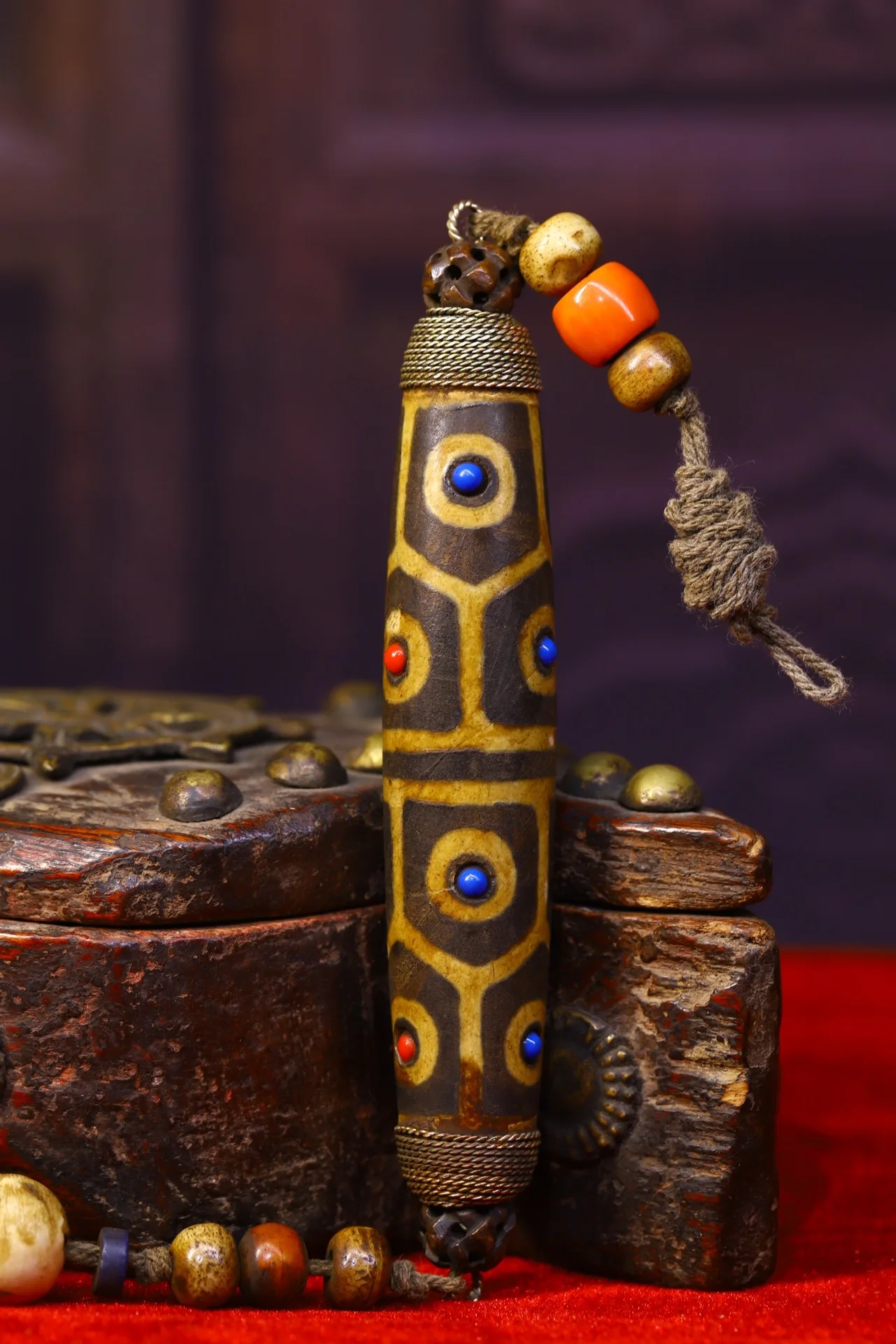 

5"Tibetan Temple Collection Old Natural Agate Mosaic Gem Filigree 5 eyes Dzi Bead Pendant Town House Exorcism