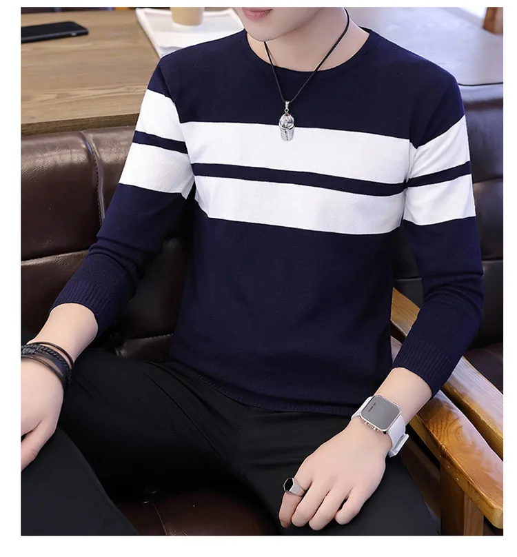 Sweater Men Long-sleeved Sleeve Round Collar Leisure Color Spring and Autumn Thin Trimming Black Wine Red Blue Warm Sweater