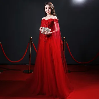 

Temperament Slash Neck Bride Wedding Dress Embroidery Evening Dress Noble A-line Stage Show Dress Elegant Maxi Mesh Dress