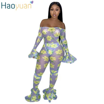 

ZOOEFFBB Mesh Print Sheer Jumpsuit Off Shoulder Long Sleeve Bodycon Flare Pants Rompers 2019 Fall Sexy Club Party Night Clothes