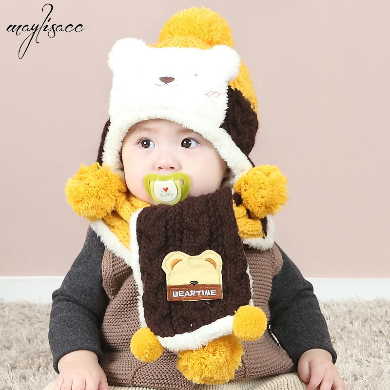 

1-3 Years Old Children Baby Hats Scarves Set Knitted Suits Winter Cartoon Bears Headgear Cold-proof Ear-protecting Skullies Set