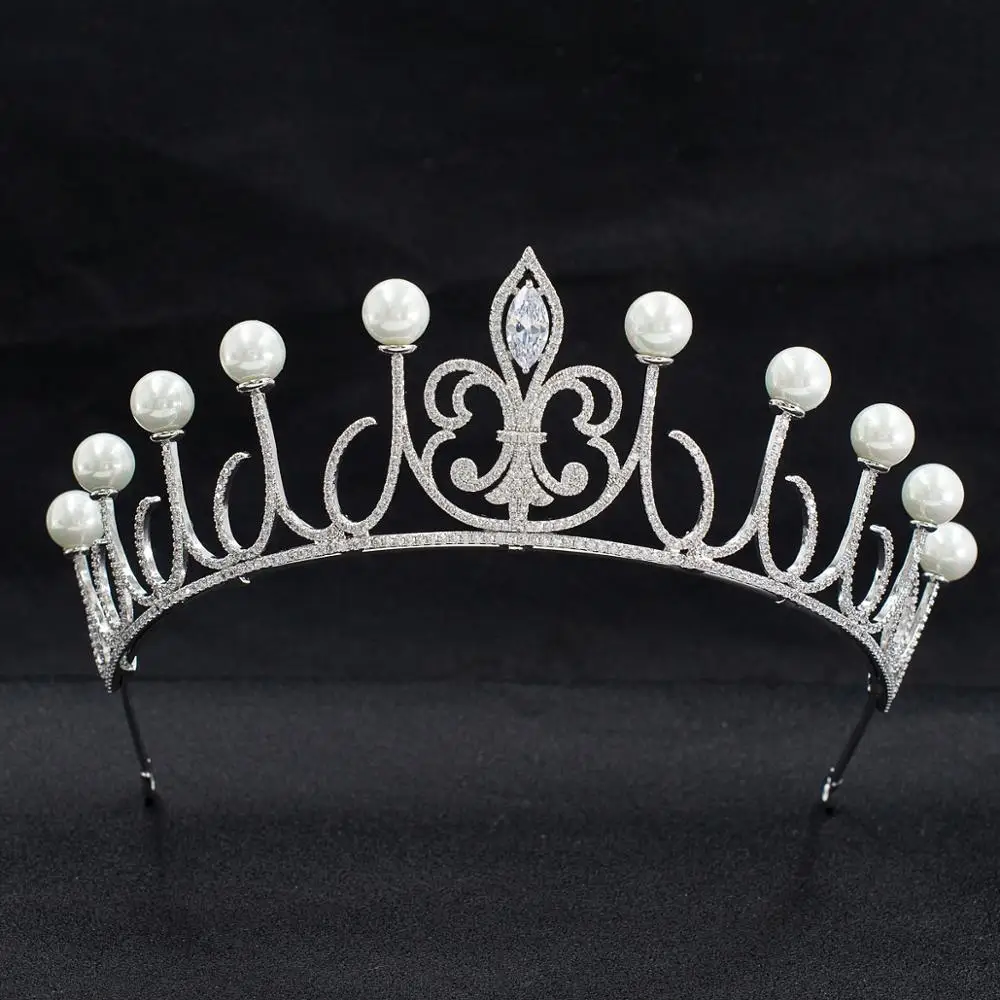 Великолепный кубический цирконий заколки с жемчугом Свадебные тиара корона принцессы диадема женские аксессуары для волос CH10326