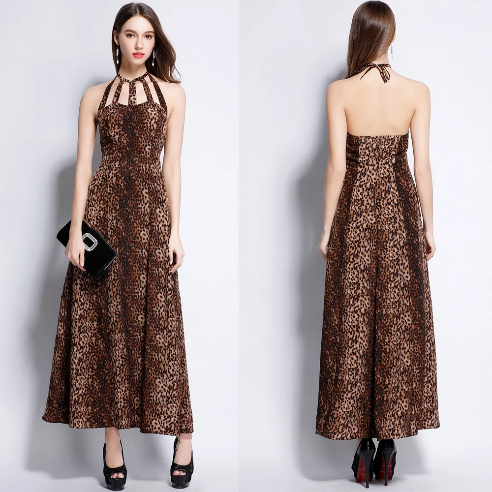 

Chiffon WOMEN'S Dress Summer New Style Europe And America Evening Gown Leopord Pattern Lace-up Department of Neck Banquet Evenin
