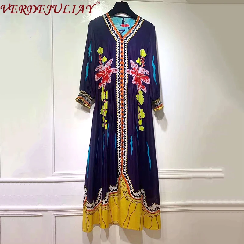 

VERDEJULIAY European Runway Design A-Line Floral Print Vintage Dresses Women V-neck 2020 Spring Navy Blue 100% Silk Midi Dres