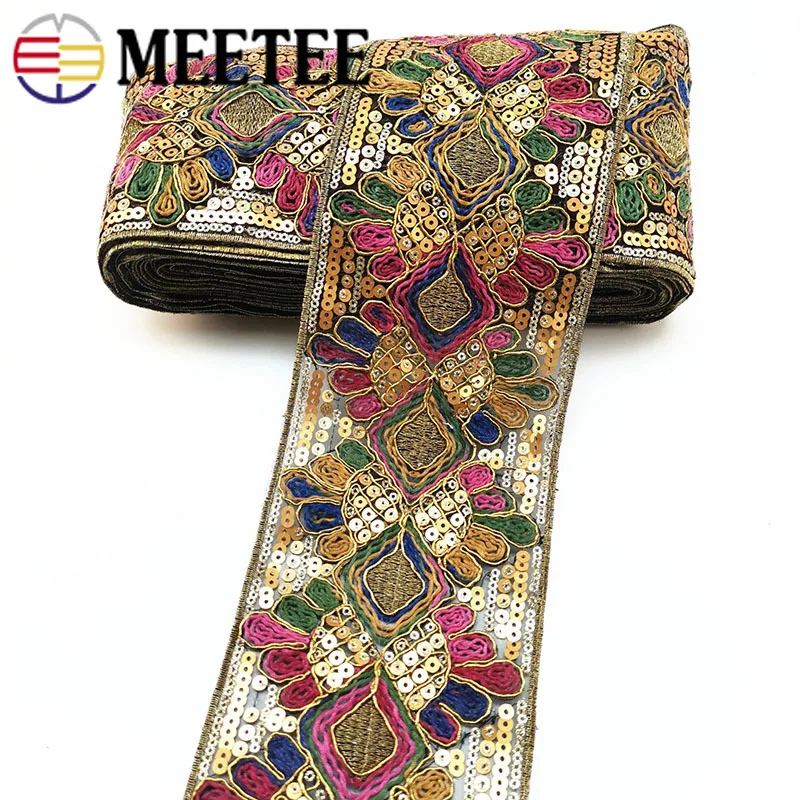 

2meters 103mm Sequins Embroideried Lace Trims Ribbon Ethnic Webbing Tapes for Clothes Bag Shoes Decor DIY Sewing Accessories
