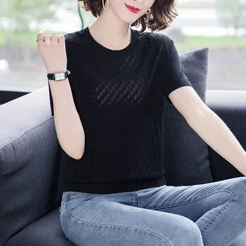 

Women's summer new round neck solid color hollow knitted short-sleeved shirt
