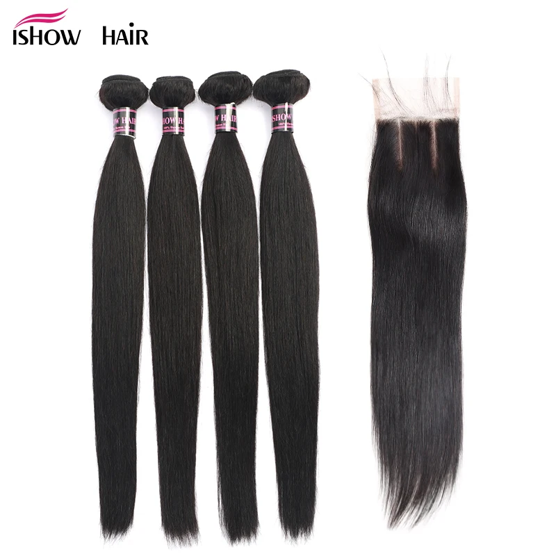 

Ishow Malaysian Straight Hair Human Hair Bundles with Closure 4 Bundles With Closure Natural Color Non Remy Hair Extension