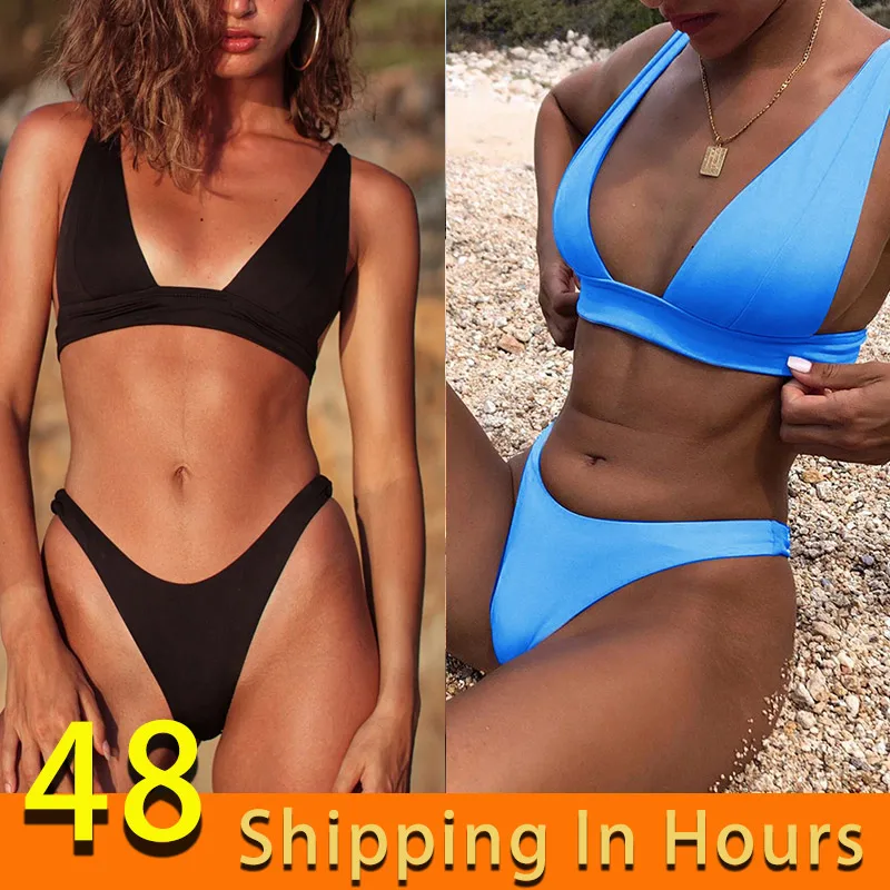Bikinis de Color liso con cuello en V para Mujer, trajes de baño de 2 piezas, microtanga, conjunto de Bikini con cuello Halter para Mujer, Bikini brasileño 2021