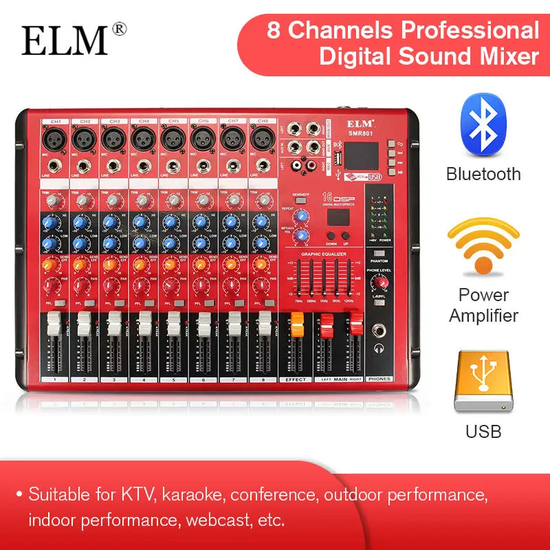 ELM профессиональный bluetooth DJ Аудио миксер 8 каналов цифровой звуковой Миксер для