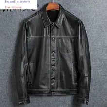 Подлинная мужская кожаная куртка короткая винтажная Осенняя коровья кожа куртки и пальто мотоциклетная Veste Cuir Homme 1825 YY286