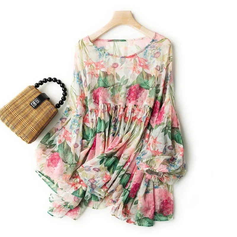 Floral chiffon shirt women's plus size 21 autumn and summer new style Korean fashion retro thin loose casual lantern sleeve top | Женская
