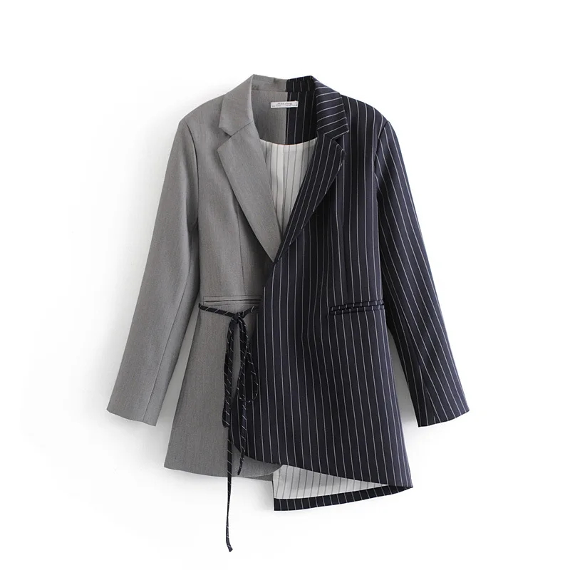 

MK54 New Style Non-symmetrical Casual Striped Suit Pearl Black Mask Lace-up Long Sleeve Autumn Coat